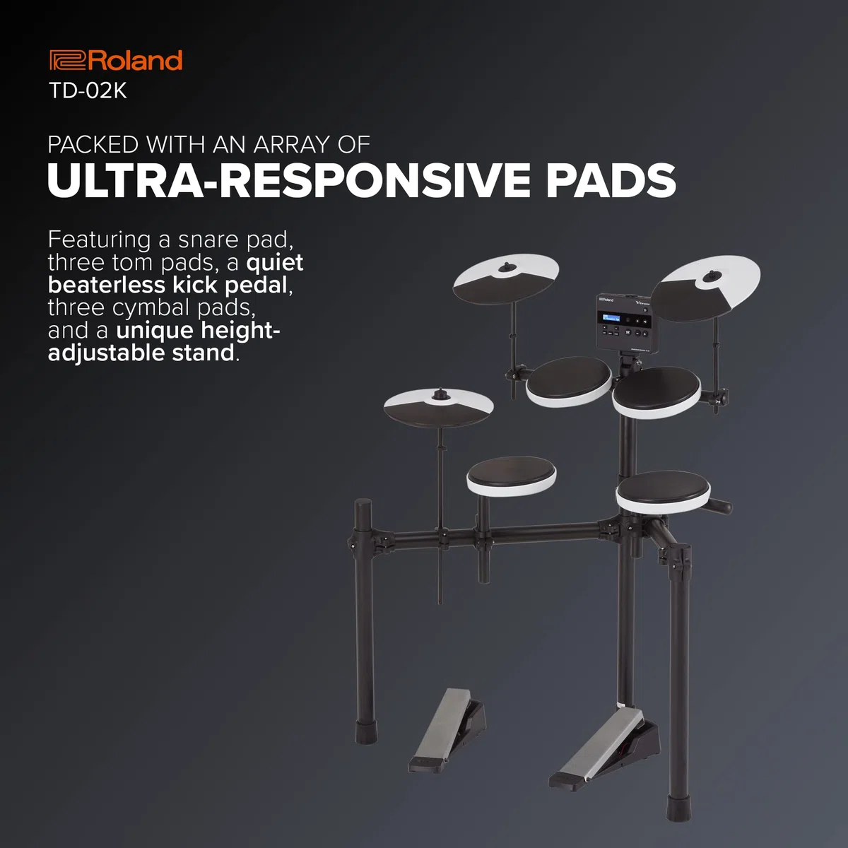 Roland TD-02K V-Drums | Kompaktes elektronisches Drumkit für Einsteiger mit dynamischer Spielbarkeit, geräuschreduzierenden Features, in der Höhe verstellbarem Stativ | Integrierte Coach-Funktion