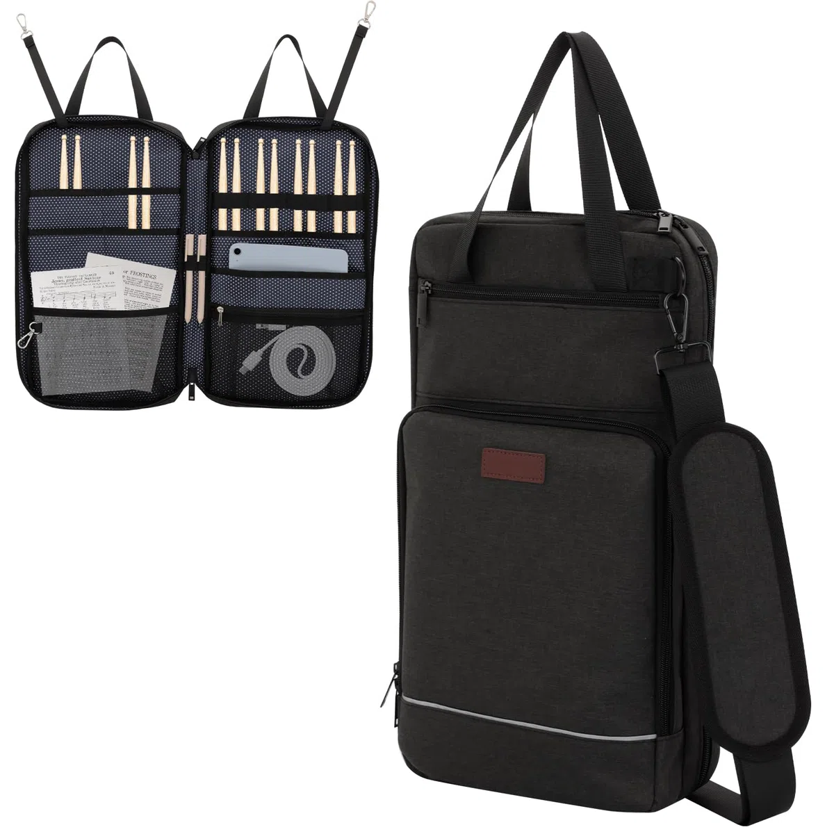 Drumsticktasche mit Aufhängehaken, Drumstick-Bag mit verstellbarem Schultergurt, Schlägelhalter für Drumsticks, Besen und Notenblätter, für Drummer und Anfänger bei Gig, Übung und Probe, nur Tasche