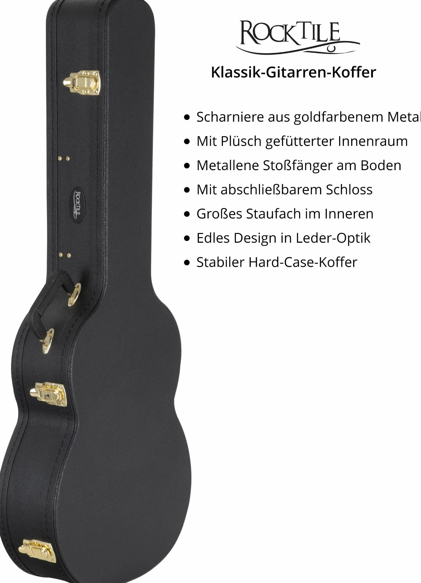 ROCKTILE Koffer für Klassik-Gitarre - Robuster Hartschalen-Formkoffer im klassischen Look
