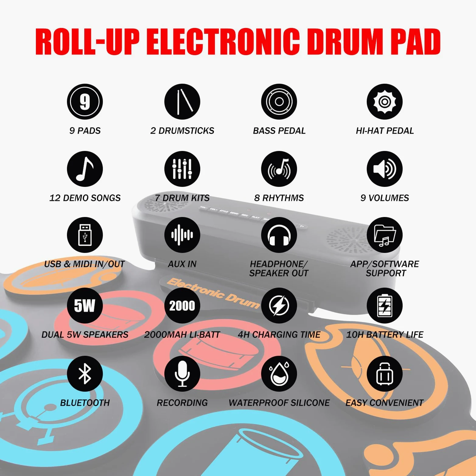 Schlagzeug Elektronisch, 9 Pads Rolling Electric Drum Pad Kits Machine Mit KopfhöReranschluss, 10 Stunden Spielzeit, 2 Eingebaute Lautsprecher (Bunt)