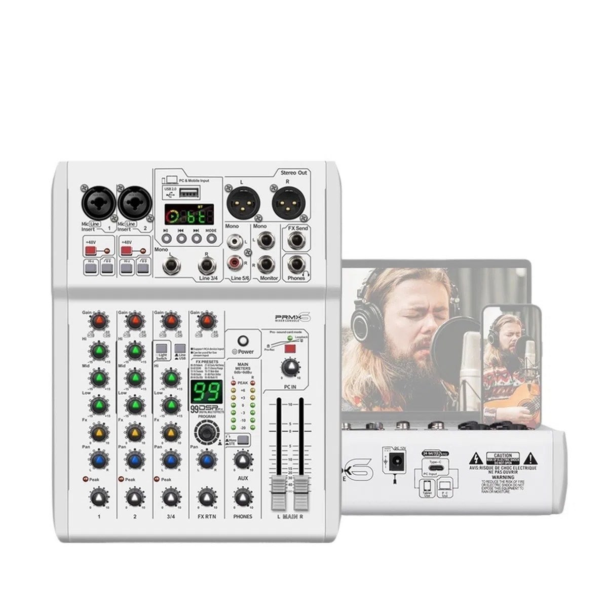 Audiomixer, Mixer DJ-Konsole 99 DSP-Effekte Mischpult PRMX-6 mit 5.0 BT 24bit/192k for die Aufnahme von Musikinstrumenten