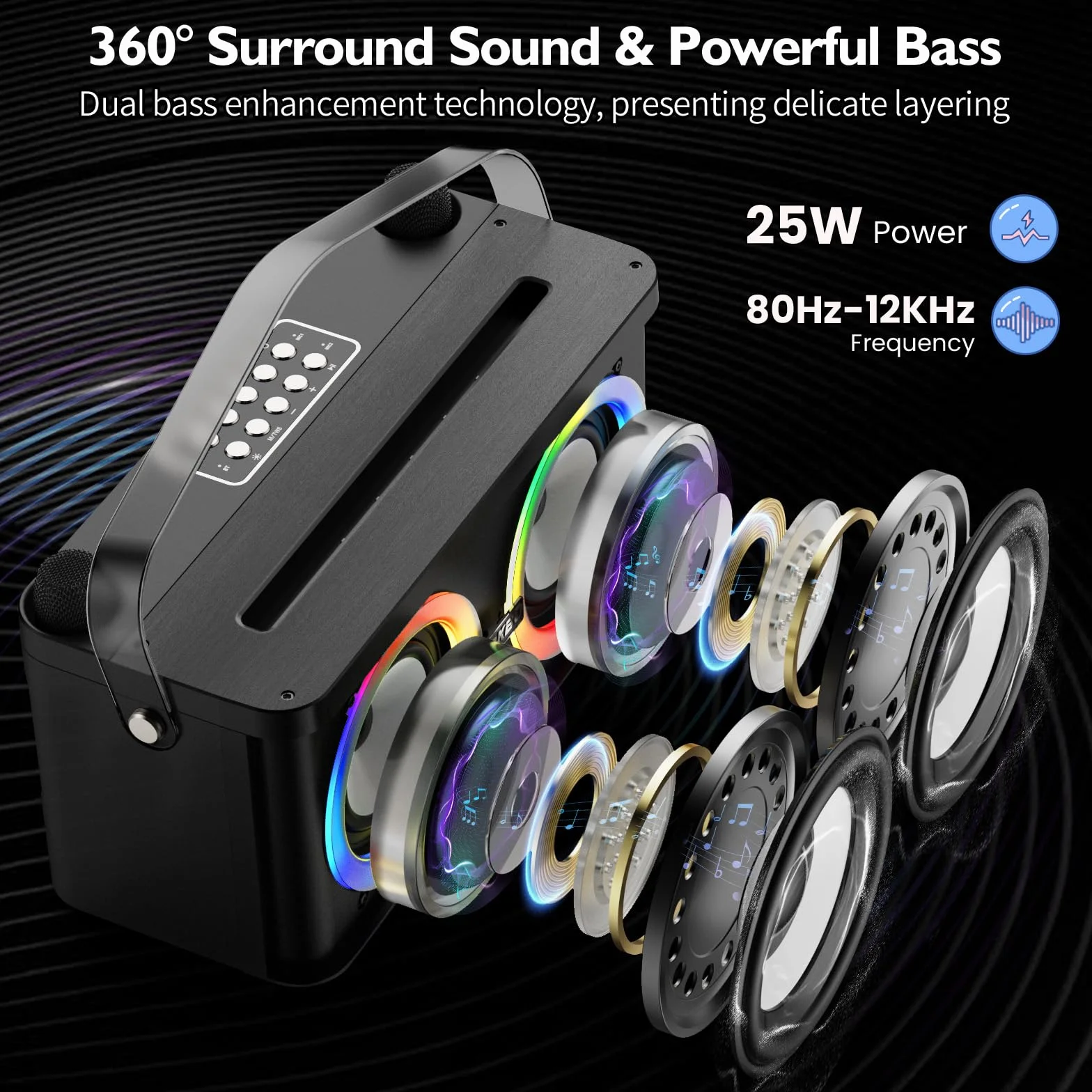 PKBD Karaoke Maschine mit Telefon-/Pad-Halterung, Tragbarer Bluetooth-Lautsprecher mit 2 kabellosen Mikrofonen/LED-Leuchten/PA-System, Unterstützt Mikrofonplatzierung für Heimpartys, Outdoor/Indoor