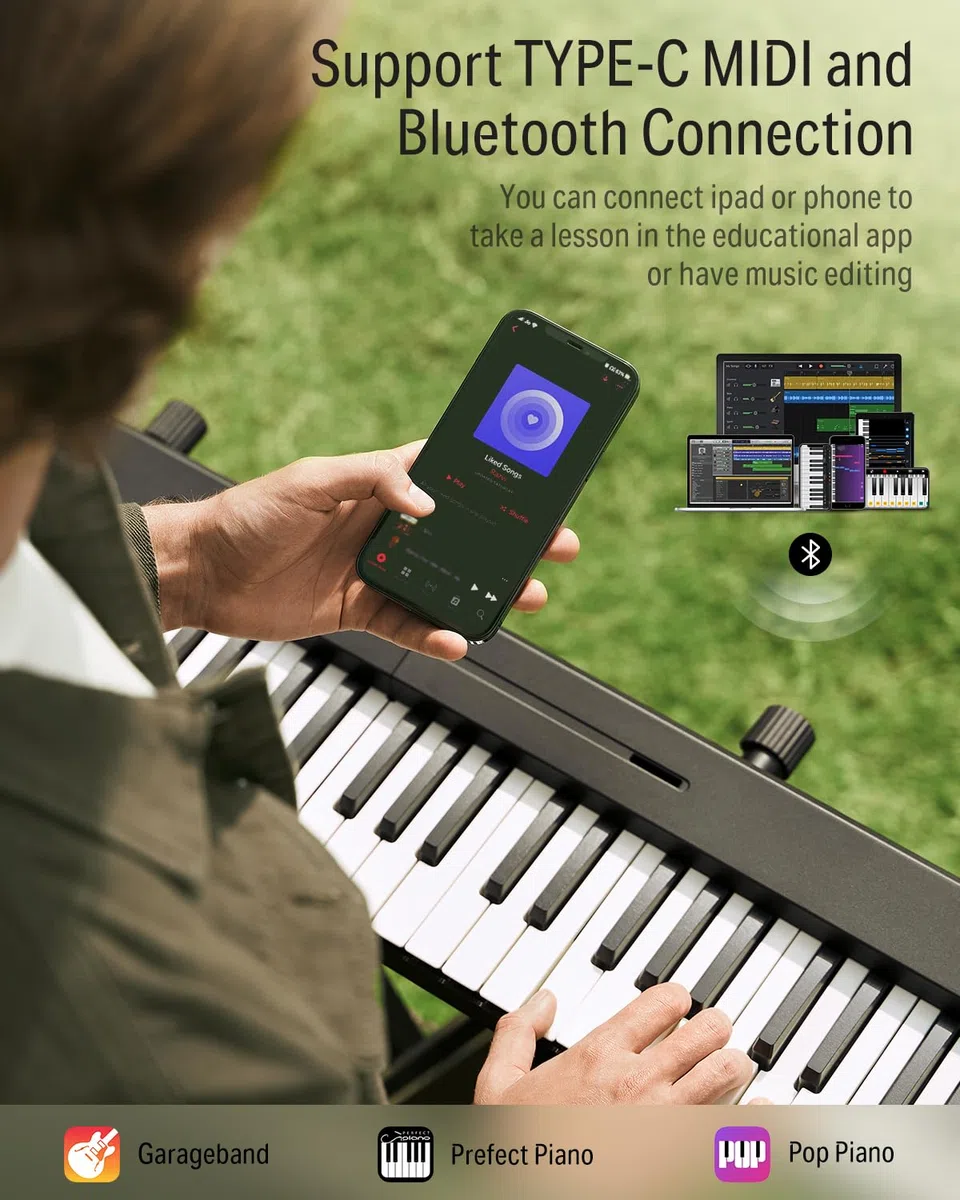 Donner DP-10 Tragbare Klaviertastatur 88 Tasten für Anfänger, Bluetooth faltbare Piano mit 128 Rhythmen, Akkord, Schallplatte, faltbares Digital Piano Bundle mit Pedal, Klaviertasche, Schwarz