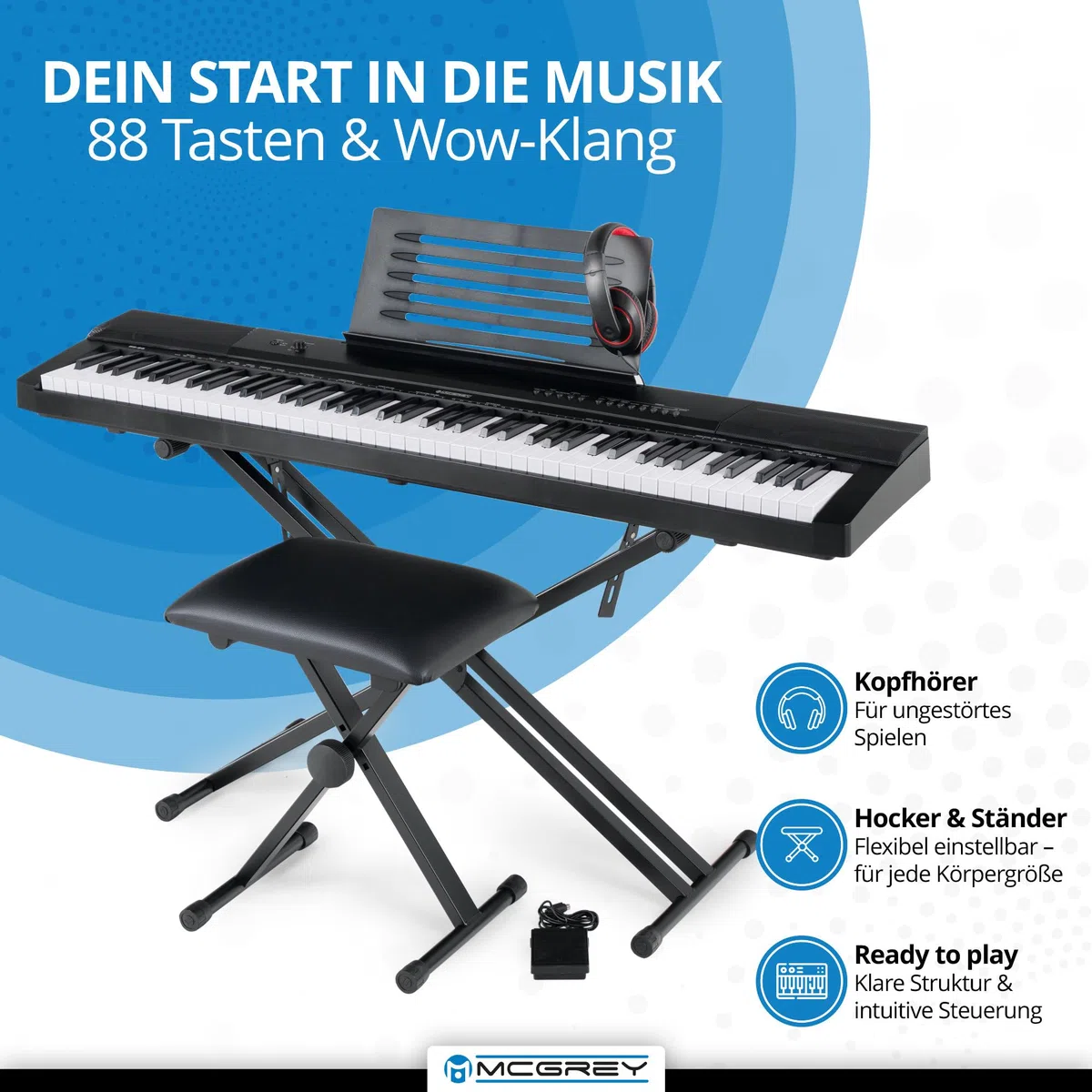 McGrey SK-88 Keyboard Super Kit - Einsteiger-Keyboard in Stagepiano-Optik mit 88 Tasten - 146 Klänge - inklusive Sustain-Pedal, Keyboardständer, Hocker und Kopfhörer - schwarz