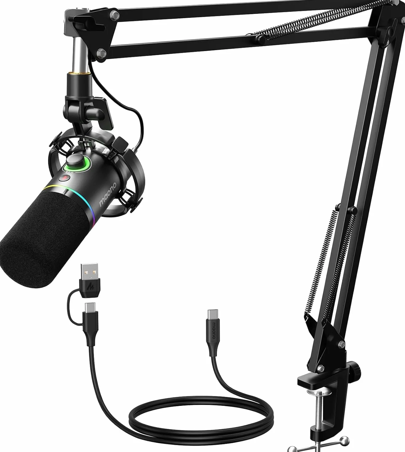 MAONO XLR/USB Dynamisches Mikrofon Set, RGB Podcast Mikrofon mit Arm, Software, Stummschalttaste, Gain-Regler, für PC Gaming, Streaming, Aufnahme, PS4/5 Mac Mixer usw PD200XS Schwarz