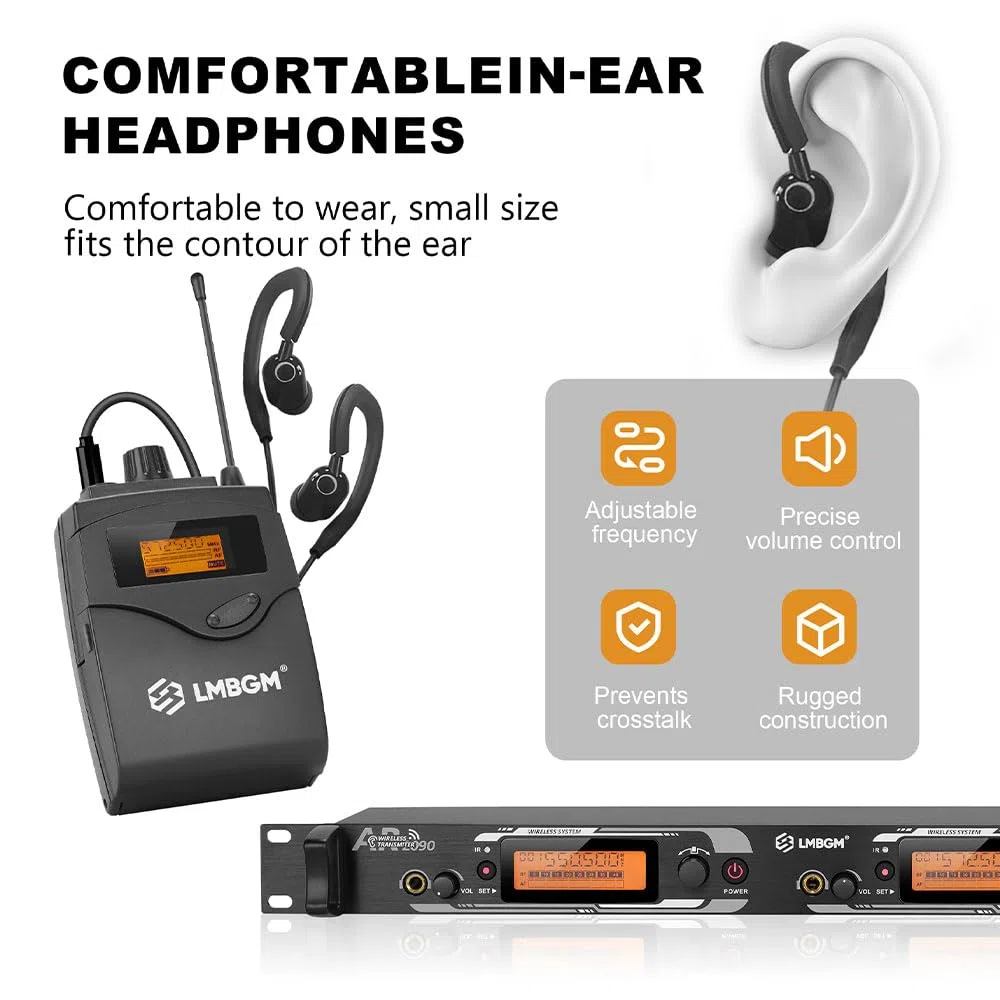 AR2090 Mono UHF Dual Channel Wireless In-Ear Monitoring System Ideal für Aufnahmestudios, Kirchen und Bandaufführungen (2 Kanäle, 8 Bodypack)