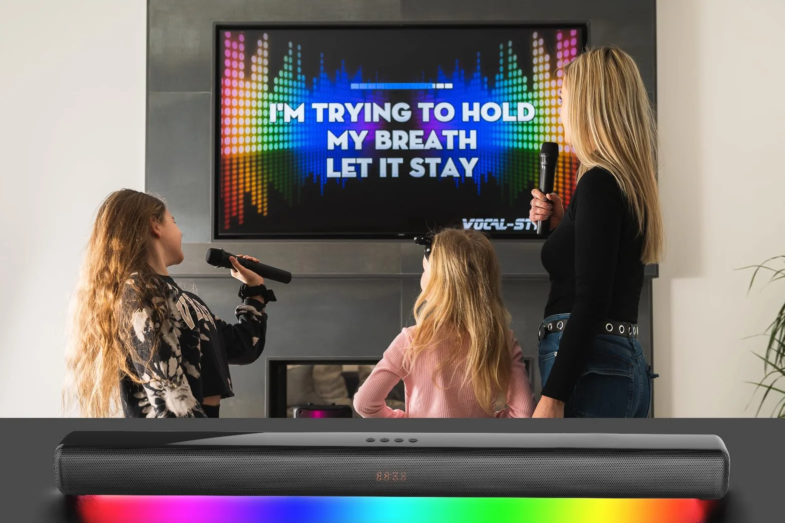 Vocal-Star Karaoke Maschine, Soundbar, 250w, 2 kabellose UHF Mikrofone, Wandhalterung, 9 RGBW Lichteffekte, Fernbedienung, HDMI ARC, BT, AUX, Optisch