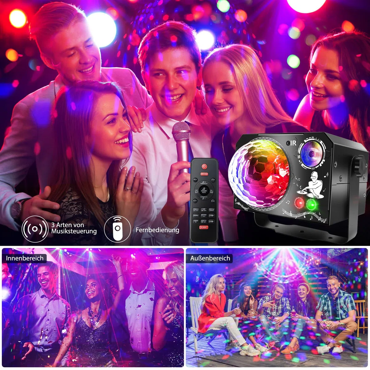 4 in 1 Discokugel, Fwiull DJ Discolicht Partylicht 65 Muster, Musikgesteuert Disco Party Licht, RGB UV Stroboskop, Sprachsteuerte Party Lampe mit 2M USB für Party Fest Klub Halloween Weihnachten