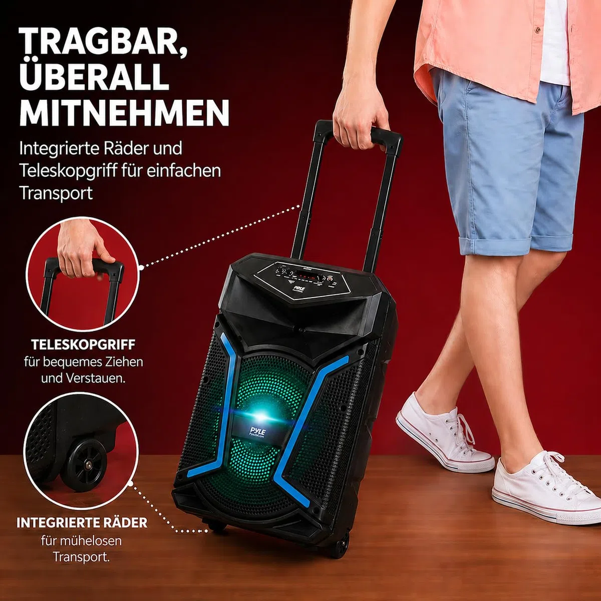 Pyle Partybox Bluetooth 12 Zoll 800W Lautsprecher – Leistungsstarke PA Anlage mit Akku, Mikrofon, LED Lichteffekte, USB, AUX, FM Radio, Rollen & Teleskopgriff