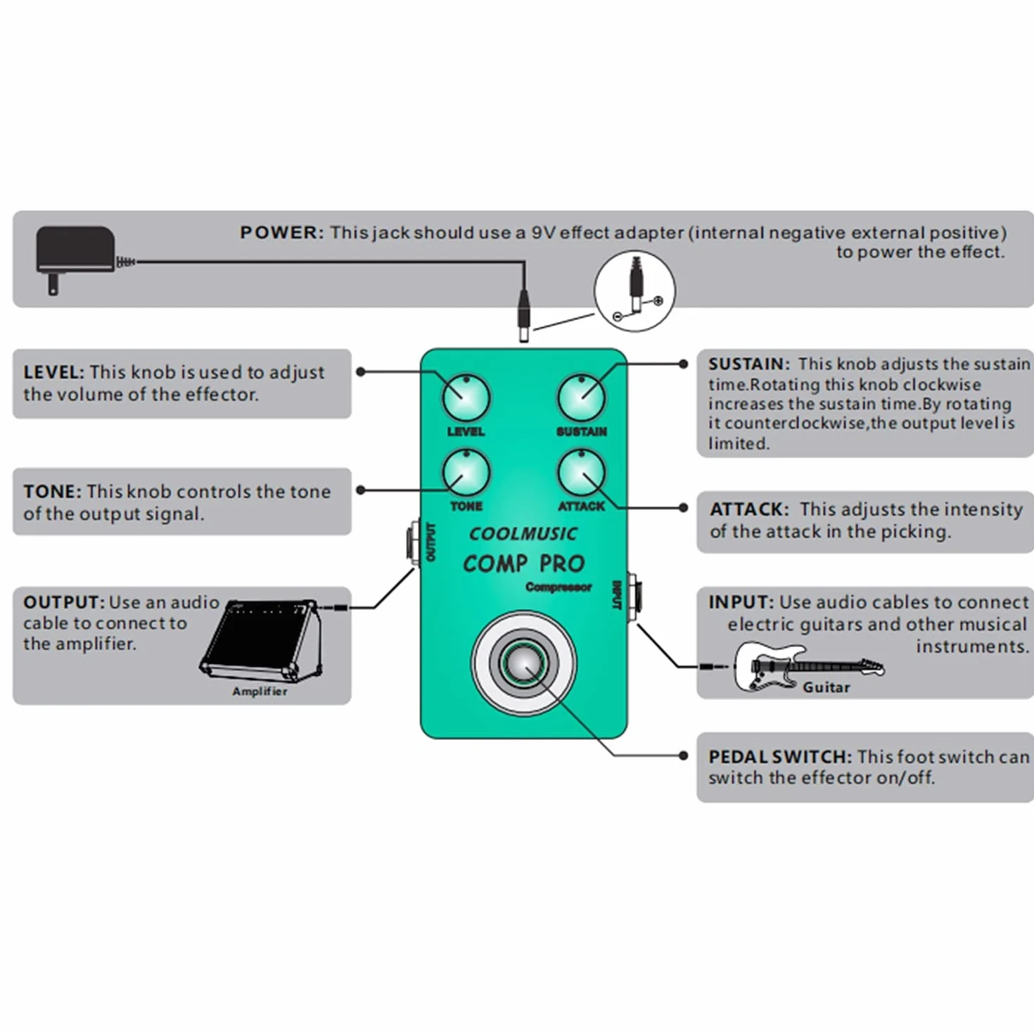 Coolmusic C-CS01 Kompressor Pedal, Comp Guitar Pedal Compression Effect E-Gitarre und Bass True Bypass