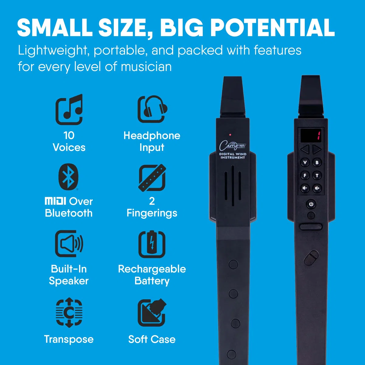 Blackstar Digitales Blasinstrument Schwarz 10 Stimmen integrierter wiederaufladbarer USB-Akku Kopfhörerausgang Midi Bluetooth