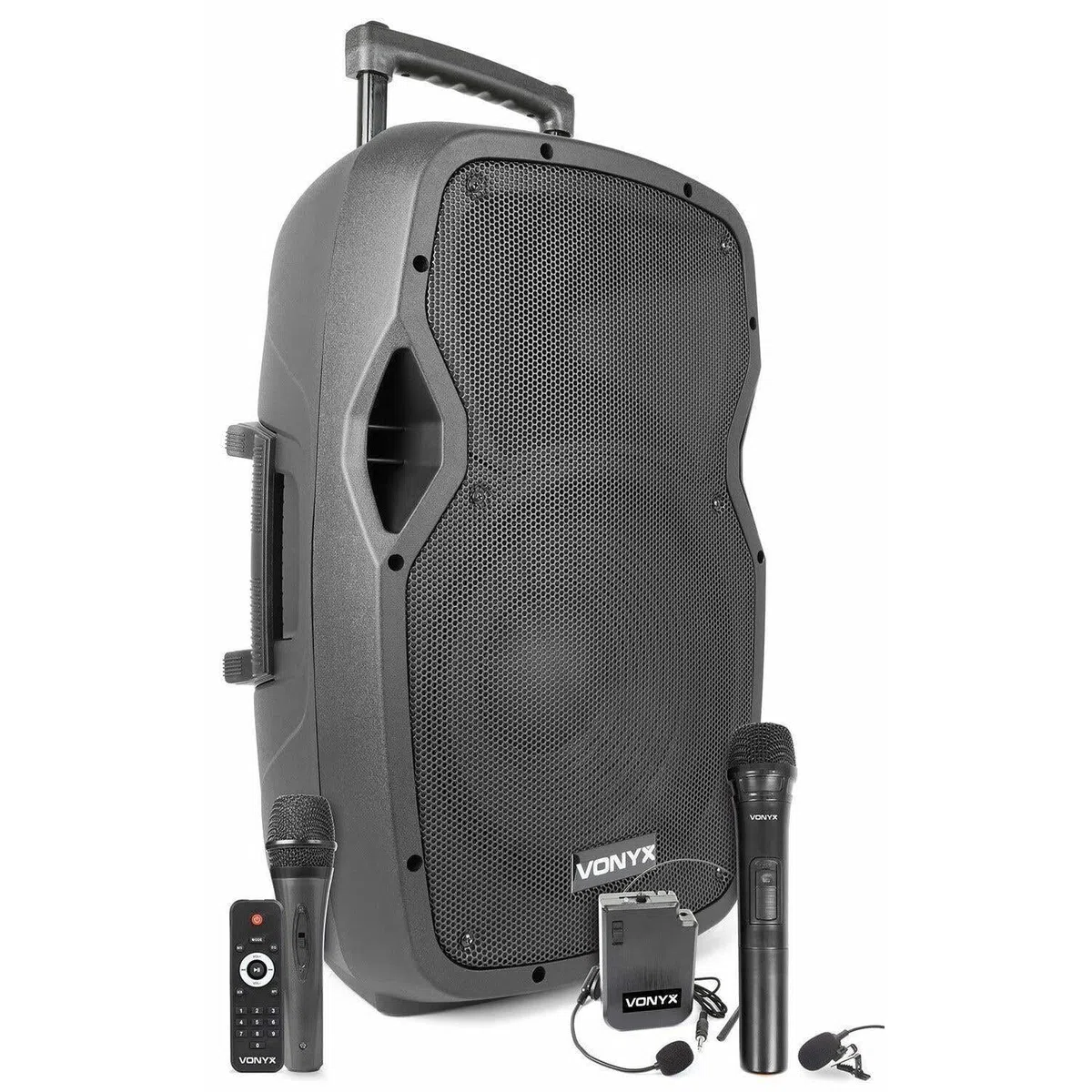 Vonyx AP1200PA - Mobile PA Anlage, Partybox Bluetooth mit Akku, 600 Watt Party Lautsprecher mit UHF-Mikrofon, Kabel-Mikrofon und Wireless Headset, Musikbox Bluetooth Groß, MP3 - USB/SD, Handgriff