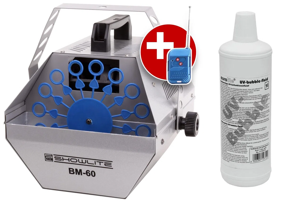 Showlite BM-60 Seifenblasenmaschine 60W mit Funk Fernbedienung und 1L Eurolite UV-Fluid gelb (0,6l Tank, 2-3 Stunden Laufzeit bei vollem Tank, Party Effekt, Disco Bubbles)