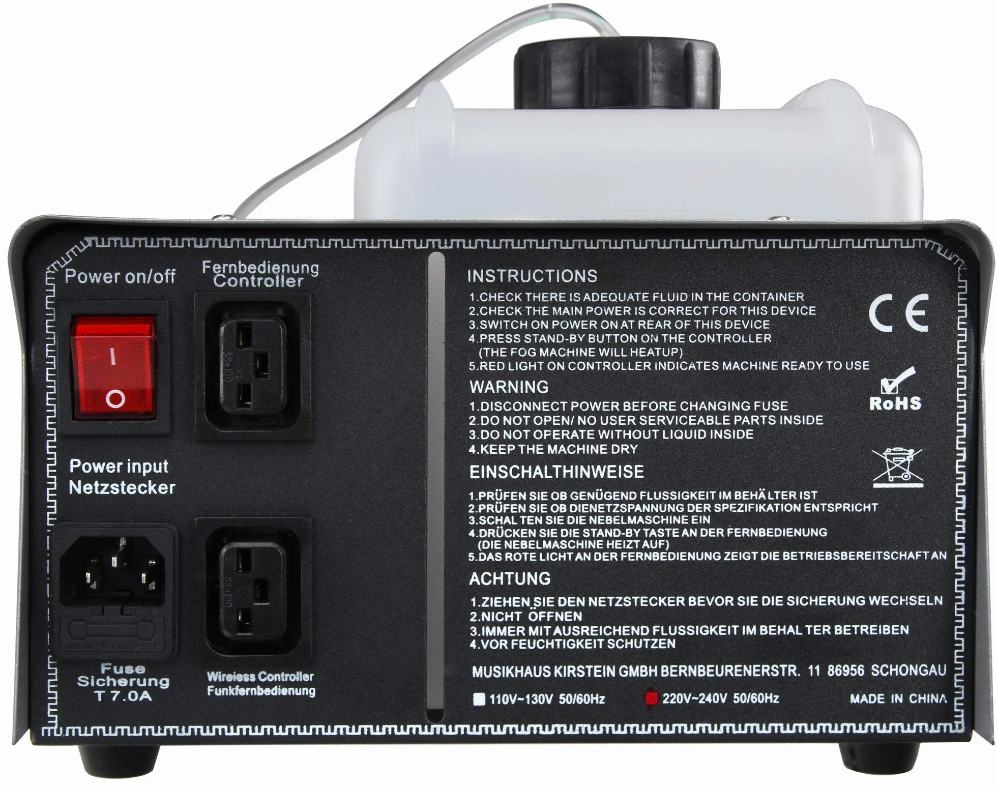 Showlite SN-1200 Nebelmaschine (1200 Watt, 350m³ Nebelausstoß/min, 7 Min. Aufwärmzeit, inkl. Kabel- und Funkfernbedienung)