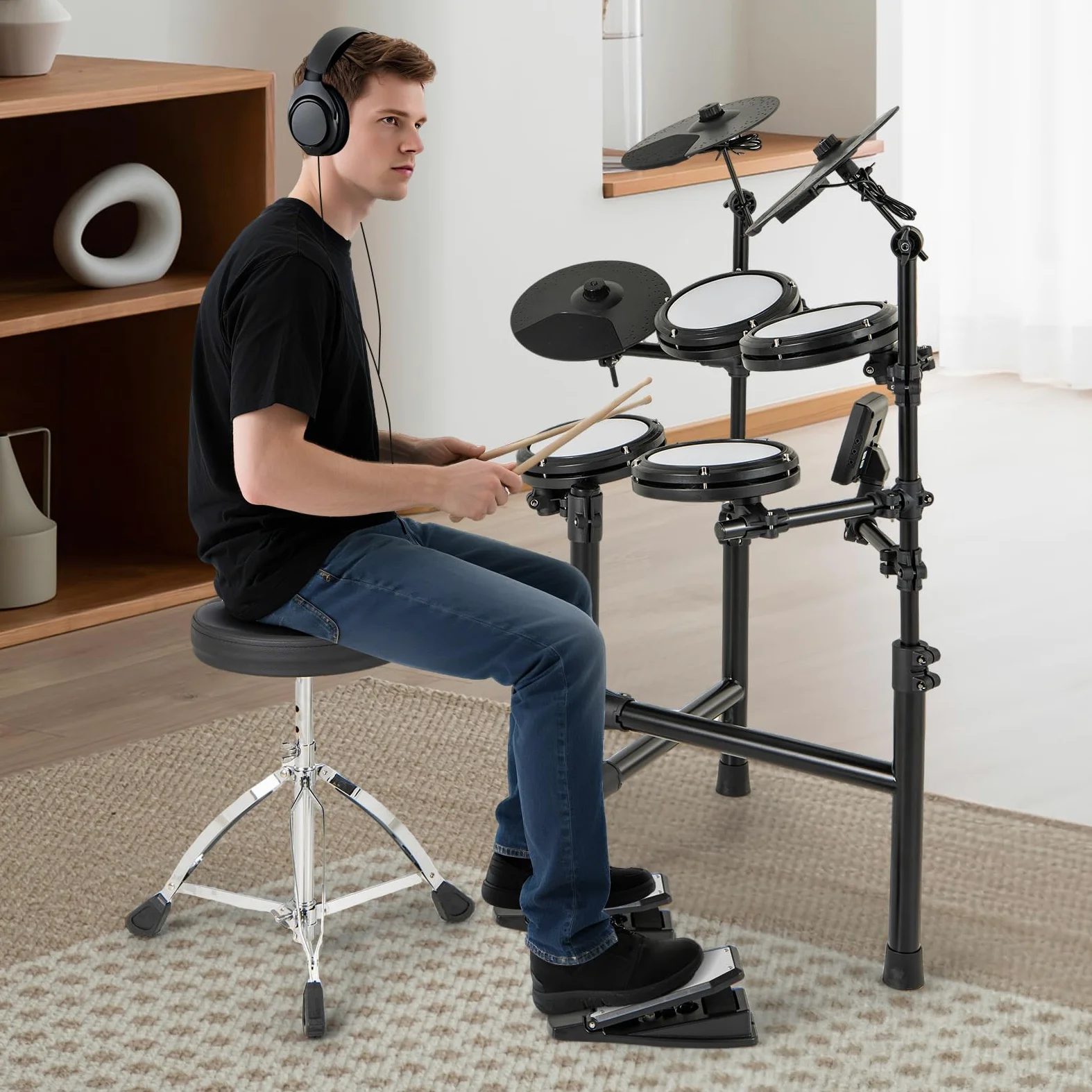 GOPLUS E-Drum Set, E Schlagzeug leises Mesh Kit mit 150 Sounds, 10 Demo, 2 Pedale & 2 Drumsticks, Electric Drum Set mit verstellbarer Sitz, USB-MIDI, Elektronische Schlagzeug für Anfänger & Erwachsene
