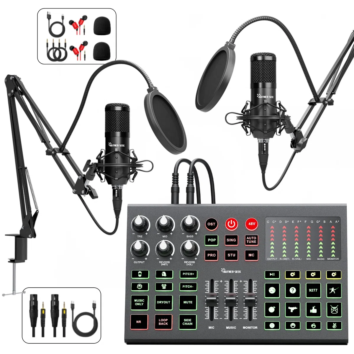 Podcast-Ausrüstungspaket für 2, Audio-Schnittstelle, DJ-Mixer mit Podcast-Mikrofon, Sprachwechsel, 48 V für Podcast, Streaming, TikTok, Youtube, PC, Smartphone