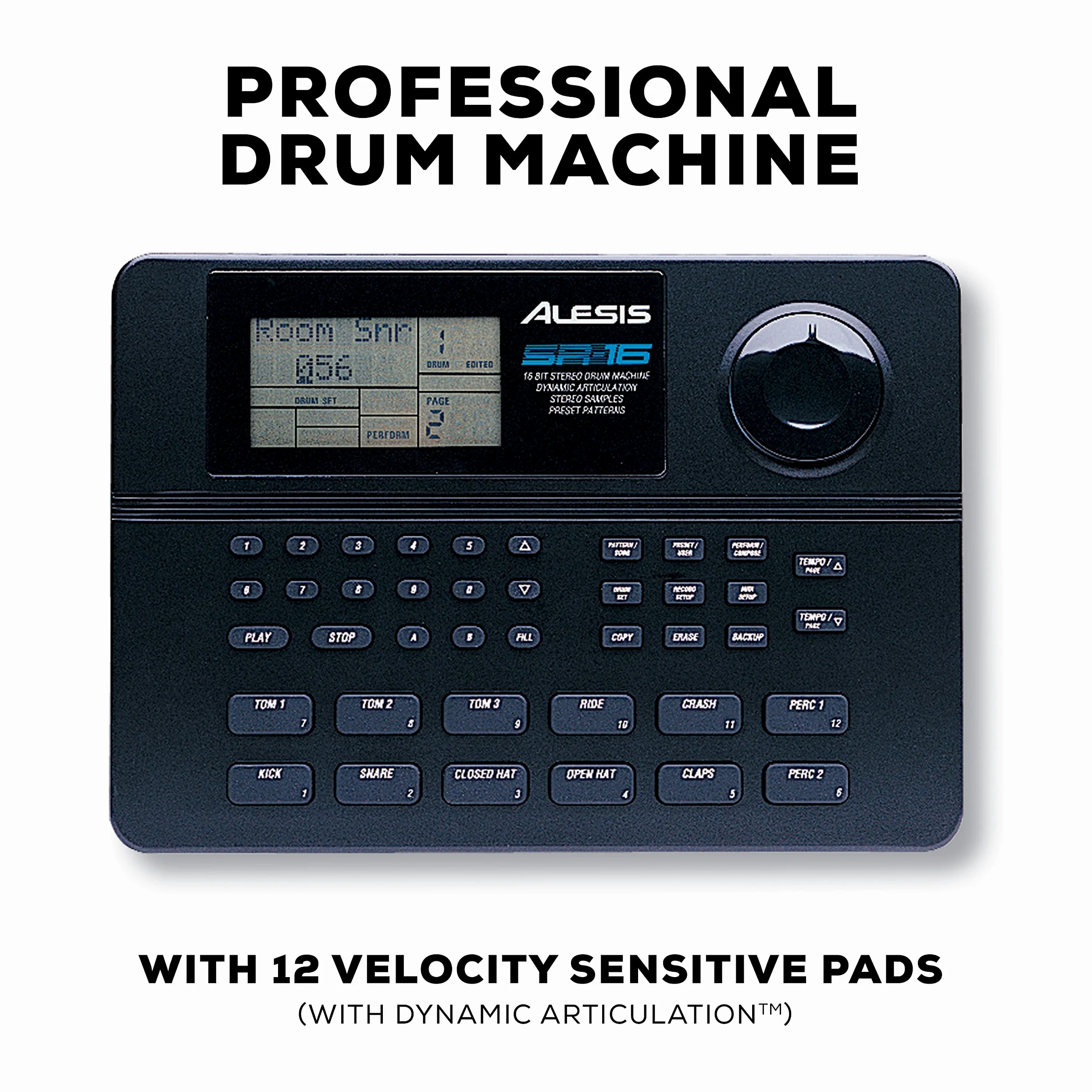 Alesis SR16 Classic Drum Machine mit 12 anschlagsdynamische Pads, 233 Studiodrum / Perkussionsounds und 50 Presetpattern