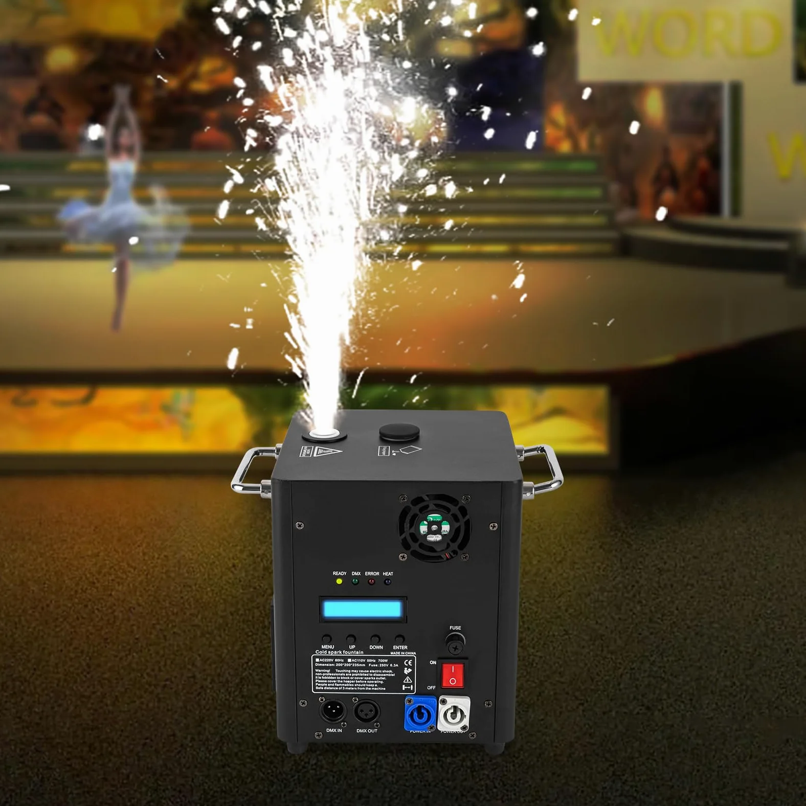 Pyrotechnikmaschinen 700W Tragbares Funkenmaschine Kalte Funken Maschine mit Kabellose Fernsteuerung Einstellbare Injektionshöhe vier Kontrollleuchten DMX
