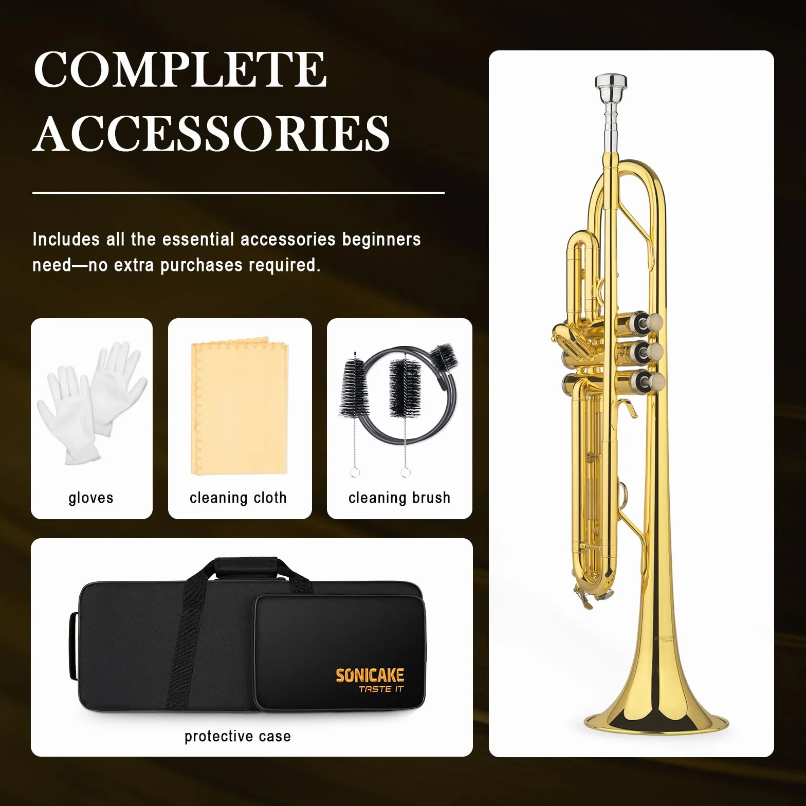 SONICAKE Bb Standard Trompetenset für Anfänger, Studenten Trompete aus Messing mit Hartschalenkoffer, 7C Mundstück & Handschuhe Golden QTP-01
