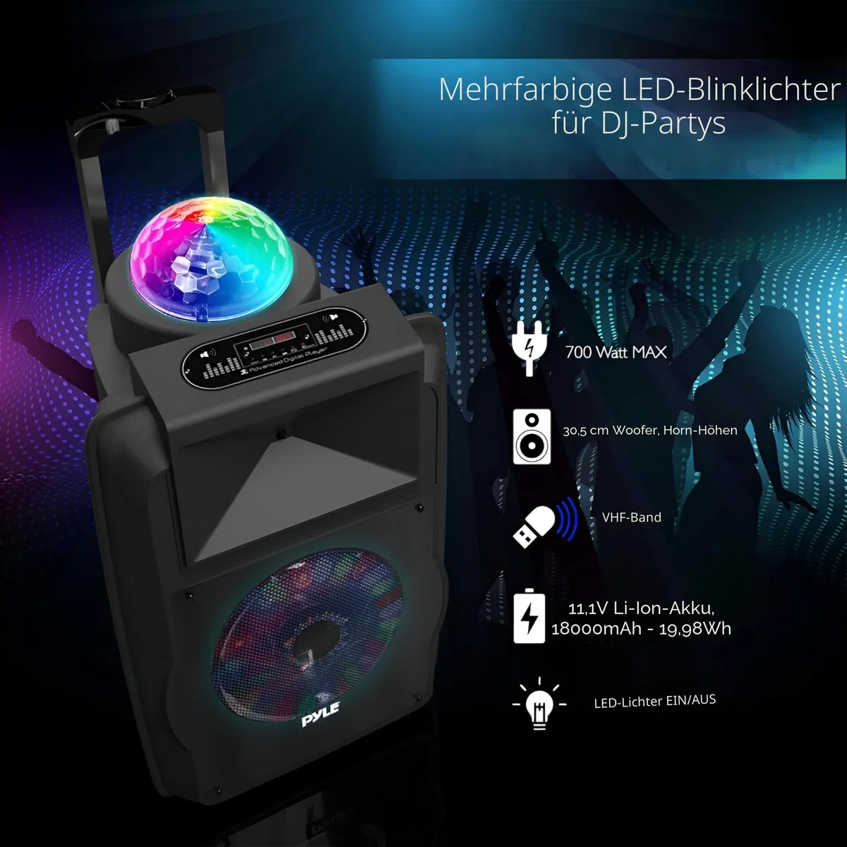 Pyle Partybox, Bluetooth Lautsprecher Groß, 700W- Boombox- mit aufladbare Batterien & Mic Set, Tragbare- Musik box, Karaoke Box- mit Farbige LED, Pa System- mit USB, SD, FM, BT, AUX, Griff & Räder