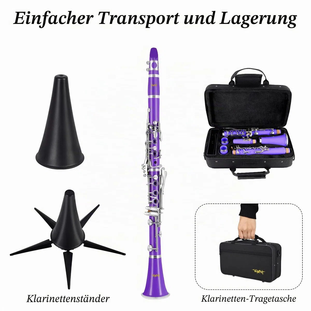 Bb-Klarinette für Anfänger und Studenten - Flache B-Klarinette mit 17 Schlüsseln, Stützgurt, 2 Fässern, 8 Mundstücken, Stoßdämpfer und weißen Handschuhen (Lila)
