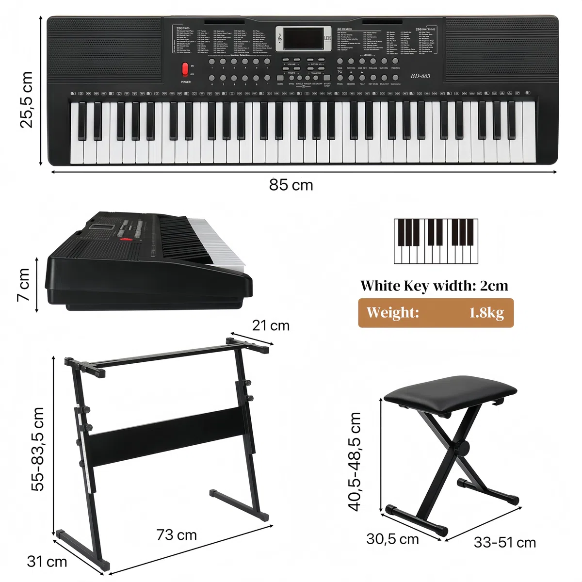 Bonnlo 61-Tasten Keyboard mit Z-Ständer, Hocker, Kopfhörer, LED-Display und 3 Lernmodi, 200 Klänge, 200 Rhythmen, mit eingebauten Lautsprechern für Anfänger & Fortgeschrittene, Schwarz