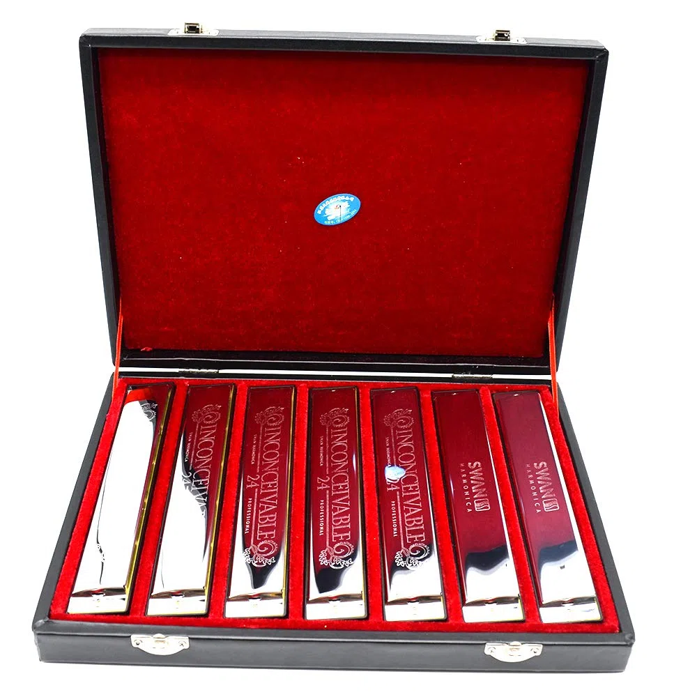 swan 24-hole polyphonic harmonica 7 sets silver C D E F G A B professional performance set for Adults Beginners Students Kids, Perfect Interest Gift