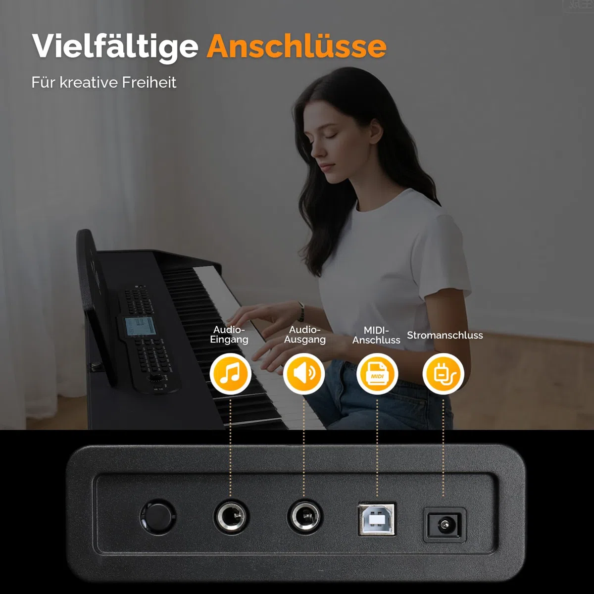 Bonnlo Digitalpiano mit 88 gewichteten Tasten, E-Piano Keyboard mit 3-Pedal-Einheit für Anfänger, MIDI-USB, Doppel-Bluetooth, LCD-Display, Stereolautsprechern, 800 Klänge und 200 Rhythmen, Schwarz