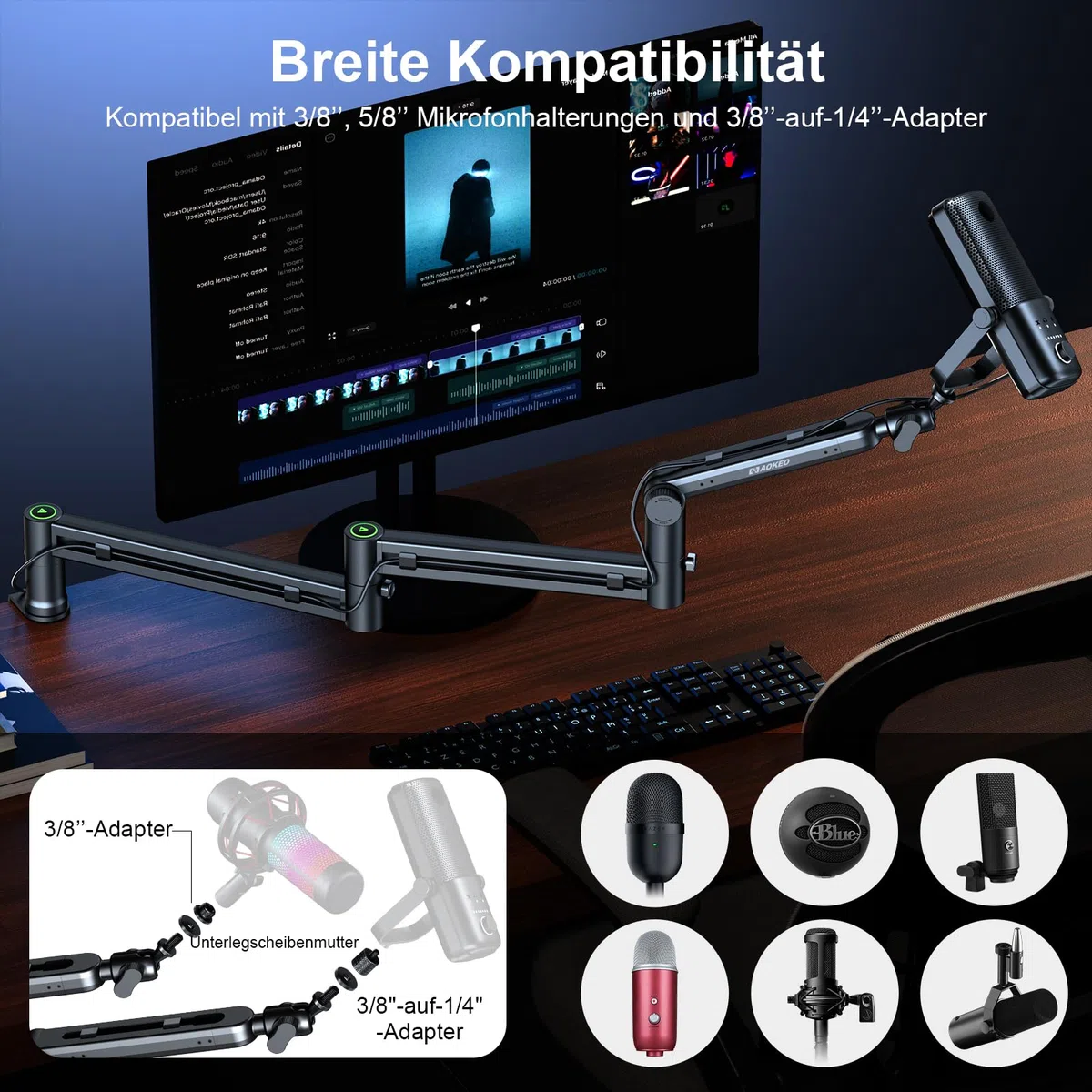 Mikrofon Arm,Aokeo AK-58i Niedriges Profil Mikrofon Ständer Arm für HyperX QuadCast,SoloCast,Elgato Wave,Shure SM7B,Blue Yeti,Blue Snowball,Broadcast,Studio Programm Aufnahme
