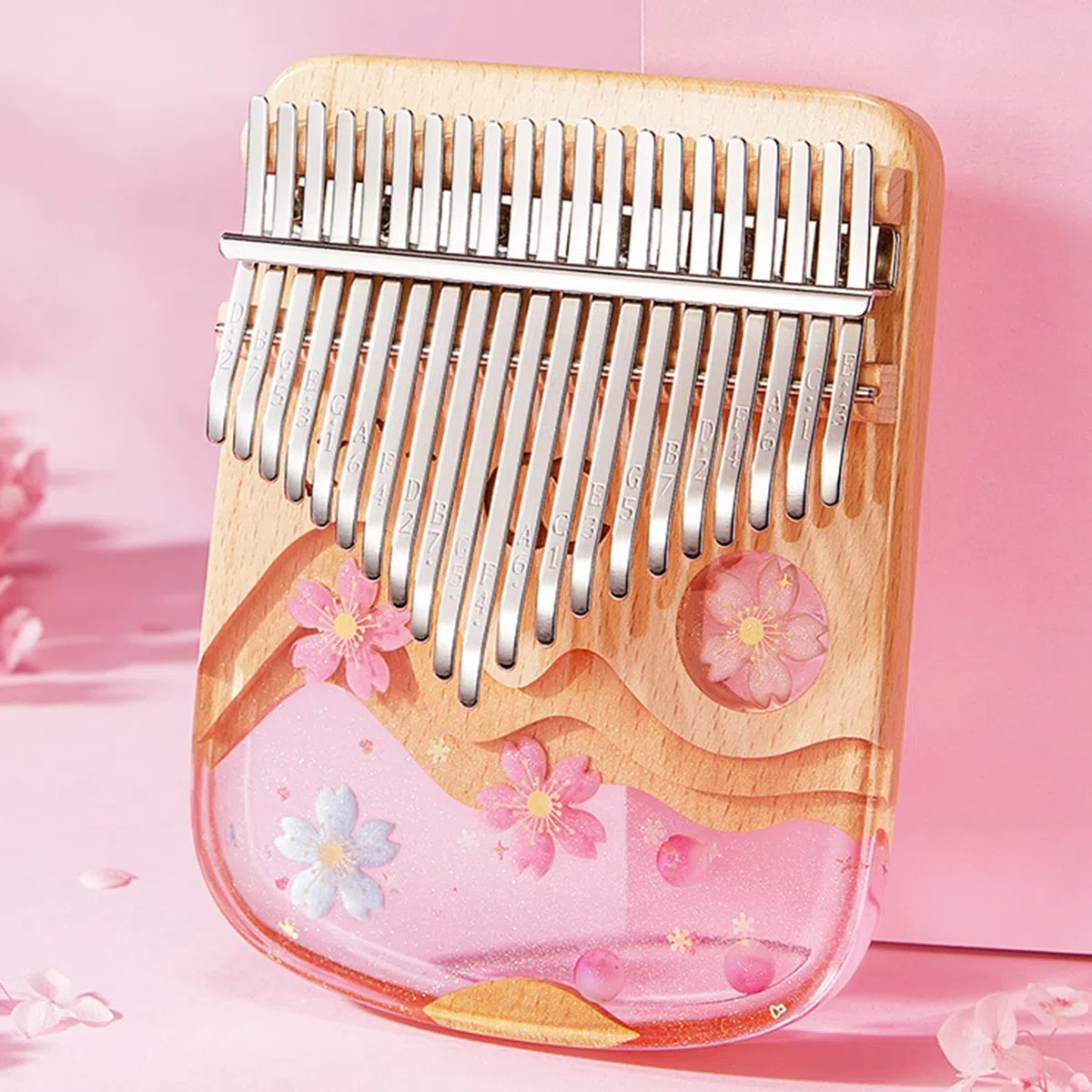 BOTOWI 21 Key Daumenklavier Crystal Kalimba, Transparentes Acryl C-Ton mit Eva-Tasche, 17 Tasten Fingerklavier Musical Geschenk, Aufkleber, Stimmhammer, Reinigungstuch,21keys Sakura