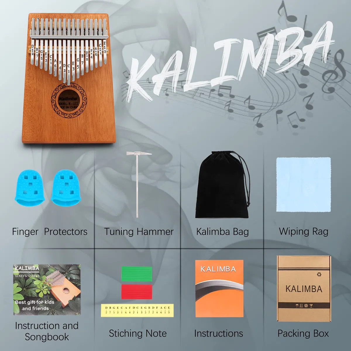 Kalimba Daumenklavier, YUNDIE tragbares 17 Tasten, Mbira-Fingerpiano mit Melodienhammer und Lernanleitung, Musikinstrumente, Geburtstagsgeschenk für Kinder, Erwachsene, Anfänger, Profis (braun)