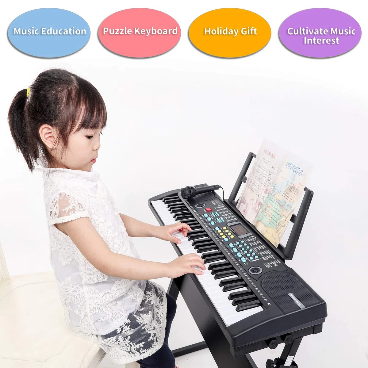Kinder home-keyboards mit begleitautomatik, 61 Tasten Keyboard Piano mit Mikrofon für Anfänger Jungen Mädchen, elektrisches klavier e Pianos, Schwarz HEP-612S