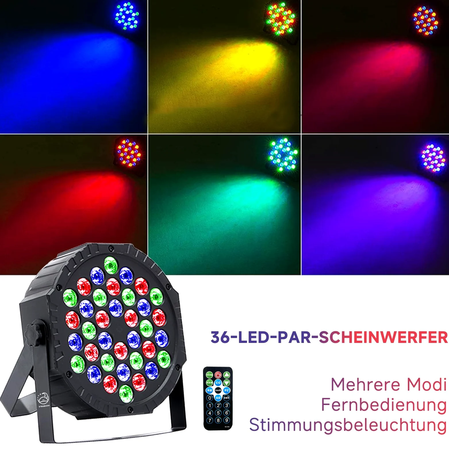LED Par Strahler 36 LED RGB Bühnenlicht, DMX512 & Fernbedienung, 7 Lichtmodi mit Soundaktivierung, Discolicht Partylicht für DJ Bar Hochzeit Halloween Weihnachten, 4er Pack