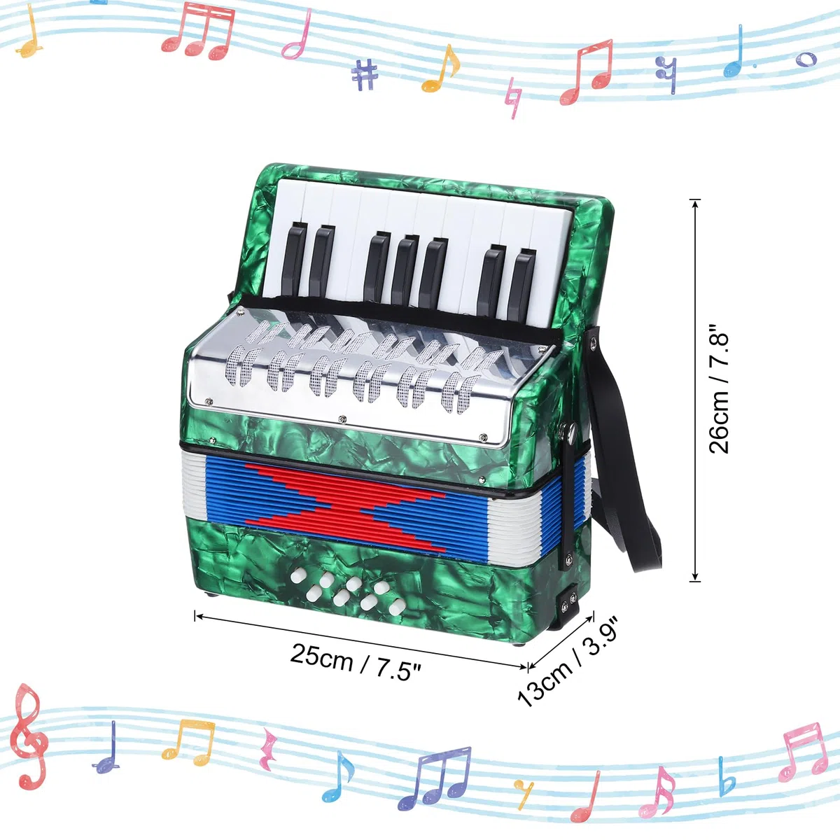 QUARKZMAN Akkordeon, 17 Tasten 8 Bassknopf Ziehharmonika Mini Musikinstrument Leicht für Erwachsene Anfänger Bildung, Grün