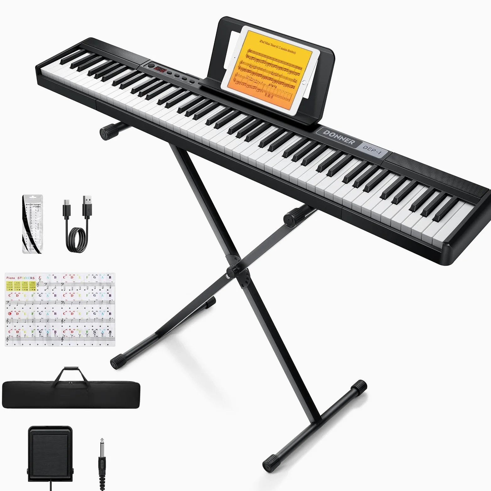 Donner DEP-1 Piano Keyboard 88 Tasten, Anfänger Digital Keyboard Piano Geschwindigkeitsempfindliche Tasten, Tragbares E-Piano mit Ständer, Sustain Pedal, Tragetasche und Keyboard-Aufklebern