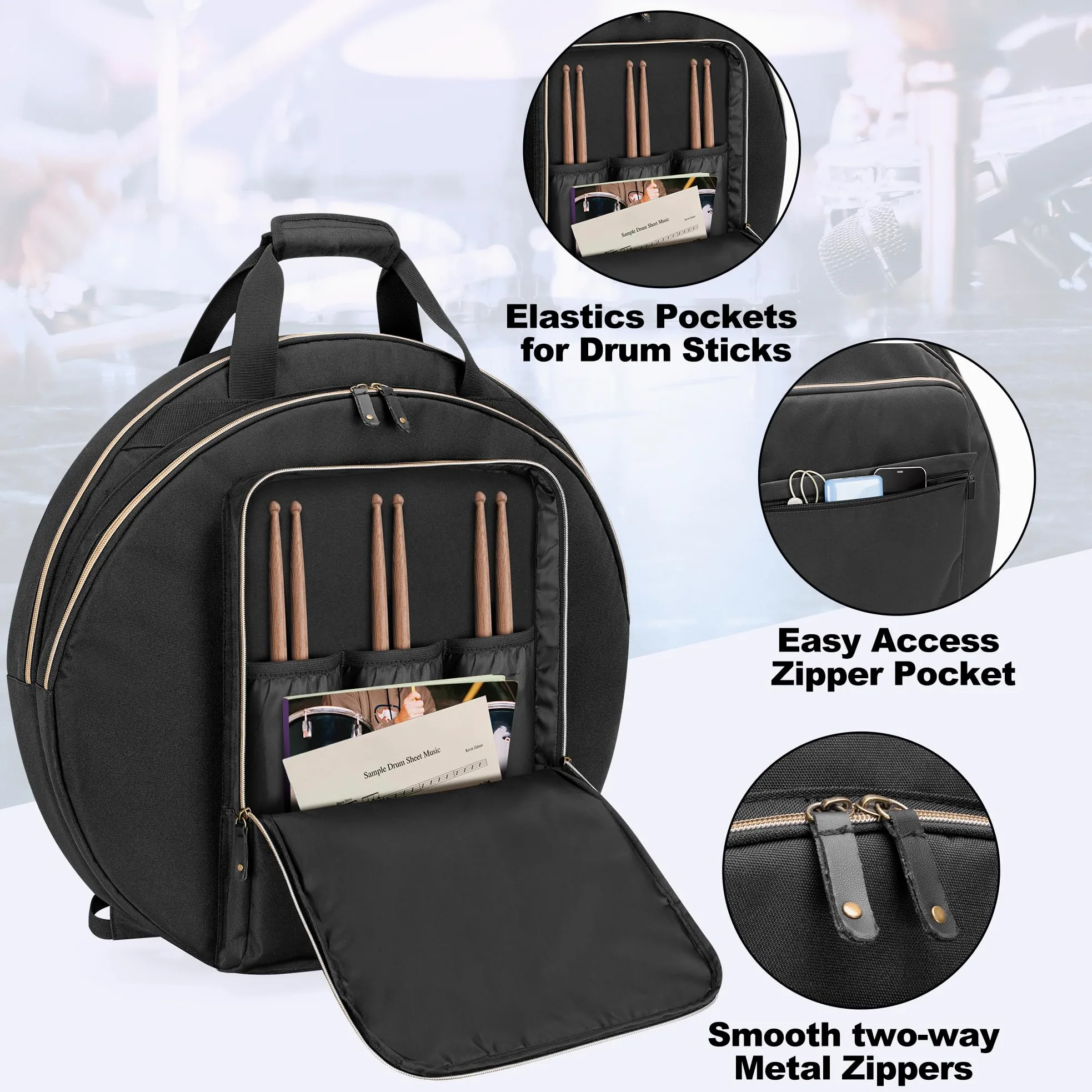 Damero 22" Tasche für Becken, Doppelschichtiges Beckentasche mit 6 mm gepolsterter Trennwand, Griffe und Rucksackgurte für Trommelbecken und Zubehör
