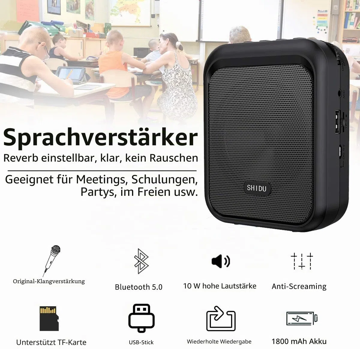 SHIDU Sprachverstärker Tragbarer wiederaufladbarer Bluetooth-Lautsprecher mit kabelgebundenem Mikrofon-Headset 10W 1800mAh PA-System Unterstützt Audio im MP3-Format für Lehrer, Taxifahrer, Reiseleiter