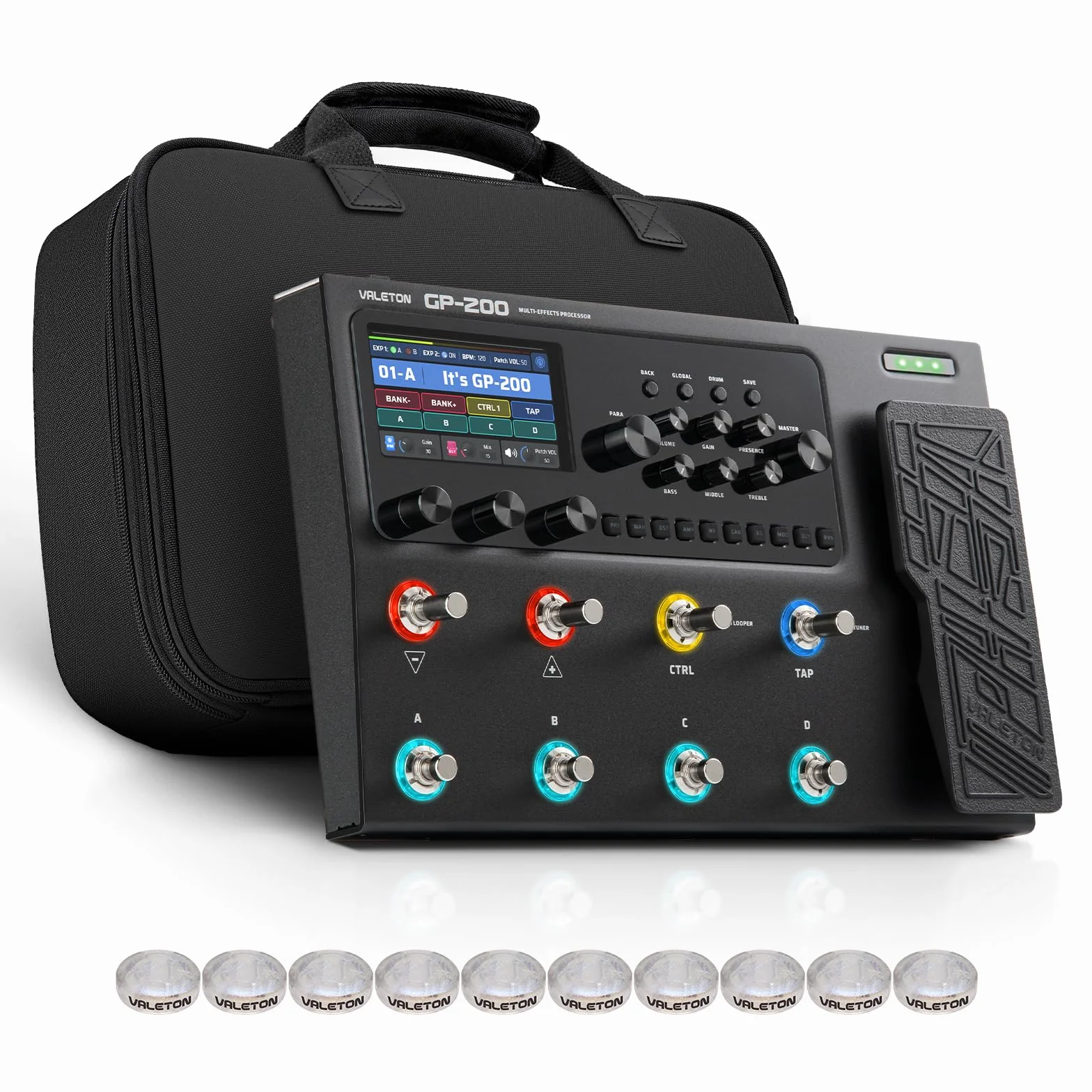 VALETON Gitarren Bass Multi-Effekt Prozessor mit Amp Modellierung IR Cabinets 240+ Effekte 140 Amp Simulationen 100 Drumrhythmen Looper USB Audiointerface MIDI I/O Expression Pedal GP-200 + Tasche