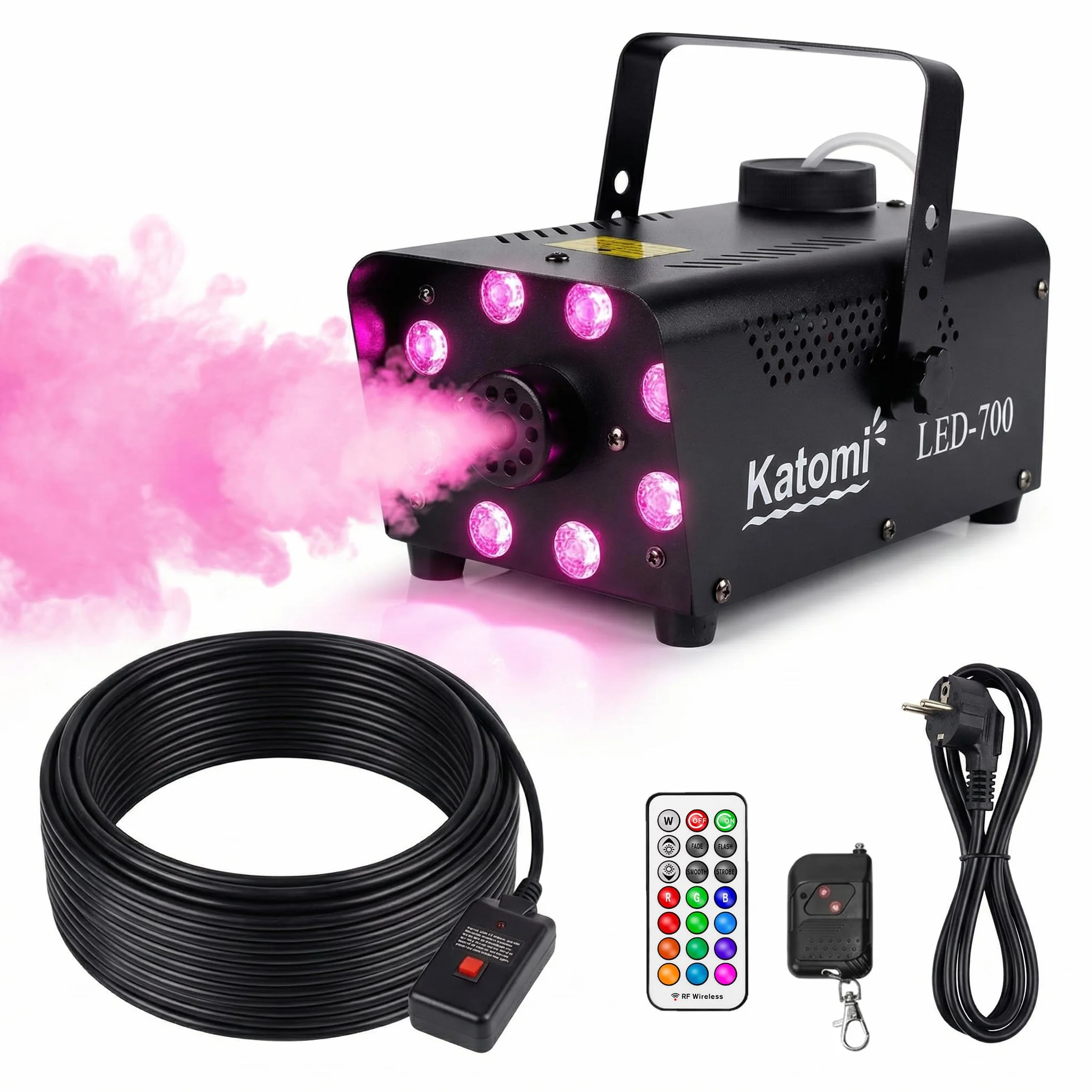 Nebelmaschine 500W mit 8 RGB LEDs & Lichteffekten, Mini Fog Machine mit 3m Kabel-Fußschalter & 2 Funkfernbedienungen, Automatik Rauchmaschine für Halloween, Party, DJ, Bühne & Hochzeit