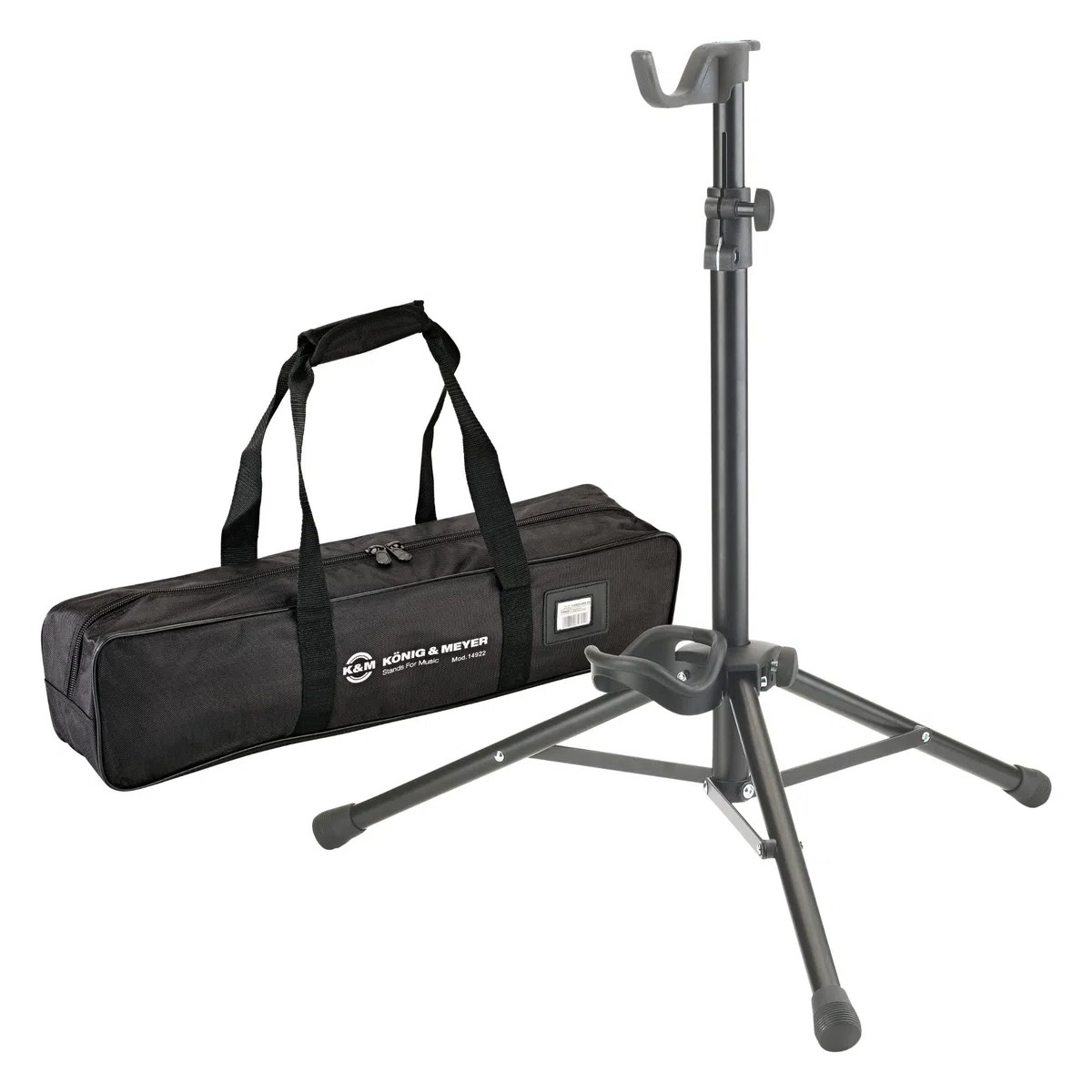 K&M 14920 Tenorhornständer Set (einteiliger Ständer für Tenorhorn aus Stahl mit integriertem Mundstückhalter & passender Tragetasche aus wasserabweisendem, reißfestem Nylon) Schwarz