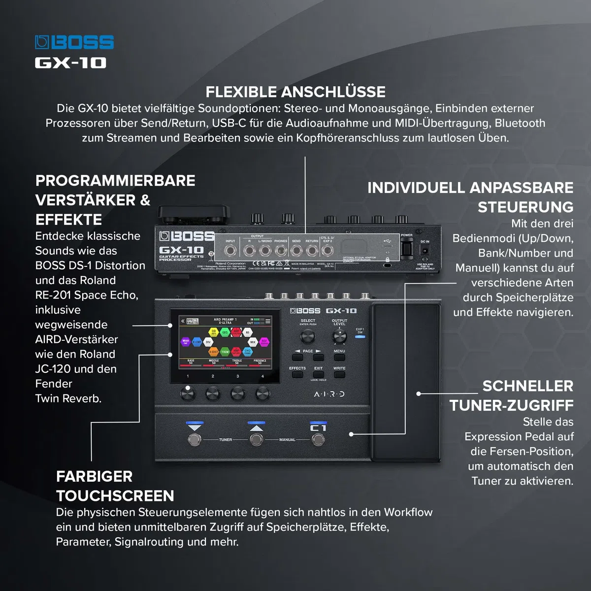BOSS GX-10 | Compact Guitar & Bass Effects Processor | GX-100 Sound Engine | Colour Touch Display | 32 Amp Types & 170 BOSS Effects | Multi-mode Footswitches & Expression Pedal | AIRD Technology