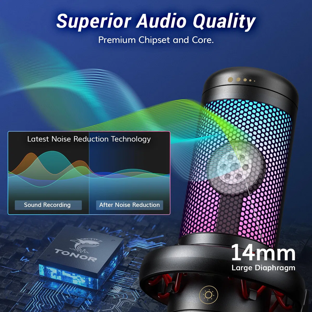 TONOR Gaming Mikrofon PC, USB Microphone für Computer PS4/5, Kondensatormikro mit RGB-Modi & Helligkeit einstellbar, Stummschaltung, Mic für Streaming, Mikrofonarm, Schwarz, TC310+