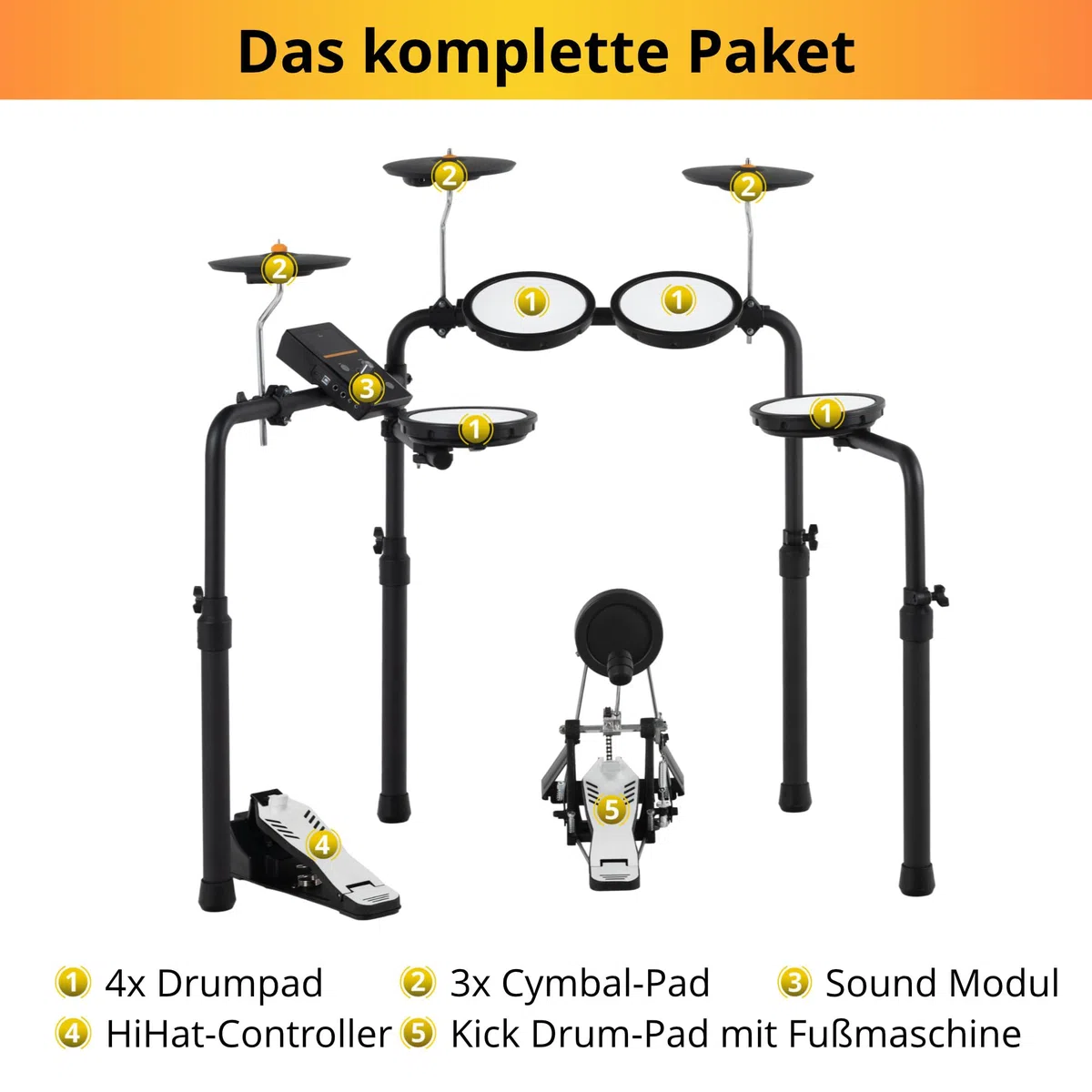 XDrum DD-250P E-Drum Kit - Elektronisches Schlagzeug mit Mesh Head- und Becken Pads, Kick-Pedal mit Pad, HiHat-Controller - Integrierter Bluetooth-Empfänger - Drumset inkl. Stimmschlüssel & Sticks