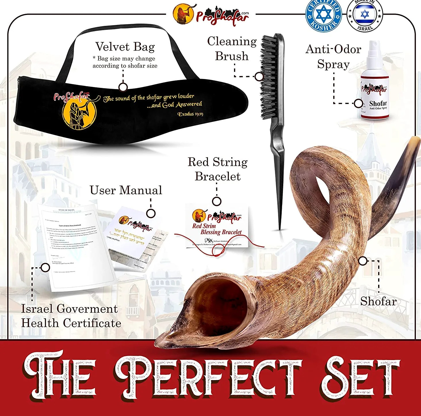 Israel Schofar Set – Naturkudu-Horn-Schofar – koscheres Schofar Jemenitisches traditionelles Musikinstrument für jüdische spirituelle Zeremonien und religiöse Predigten, hergestellt in