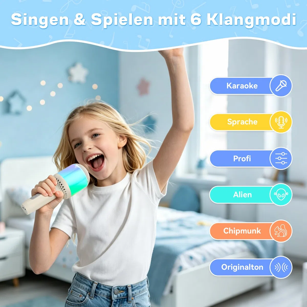 Karaoke Mikrofon Kinder, Karaoke Kinder mikrofon zum Singen, Drahtloses Bluetooth Mikrofon Karaoke mit LED Licht, 6 Soundmodi, 10H Akku, Kompatibel mit Android/iPhone, Für Party/Haus/Geburtstag