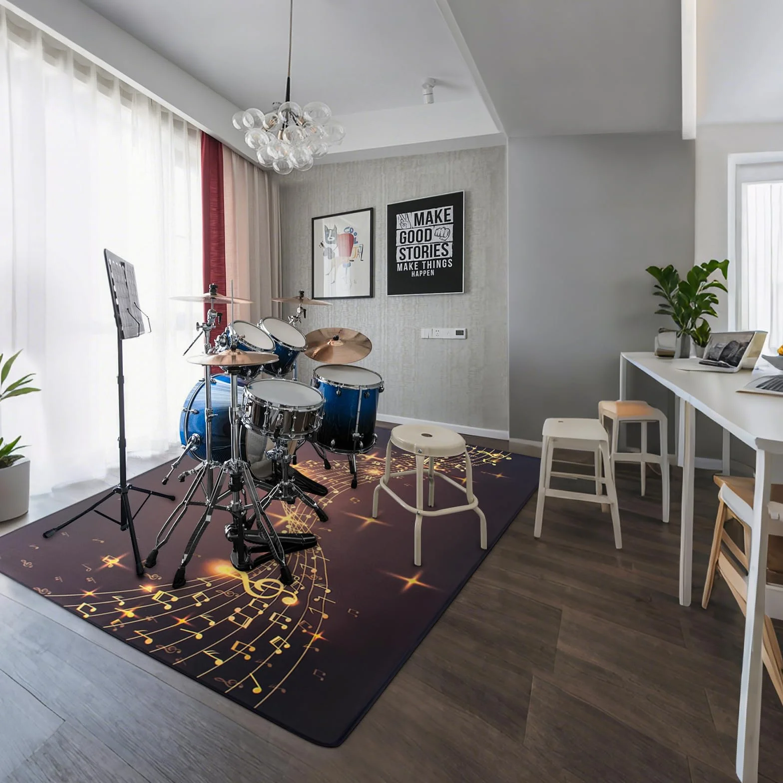 OUUTMEE 160 x 120 cm,Schlagzeugteppich, rutschfeste Schlagzeugmatte, Übungsunterlage für elektronische Schlagzeuge, Schlagzeugzubehör für Jazz-Schlagzeug-Kits Bodenschutz (Musiknotenmuster)