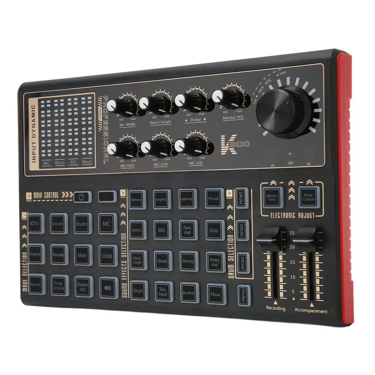 Sound Mixer Board, Bunte Licht Voice Changer Soundkarte, Audio Mixer Sound Mixing DJ Konsole 12 Modi 16 Soundeffekte für Musik Karaoke Singen (Schwarz)