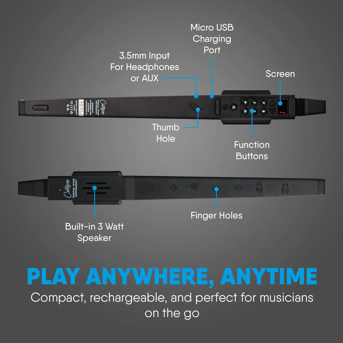 Blackstar Digitales Blasinstrument Schwarz 10 Stimmen integrierter wiederaufladbarer USB-Akku Kopfhörerausgang Midi Bluetooth