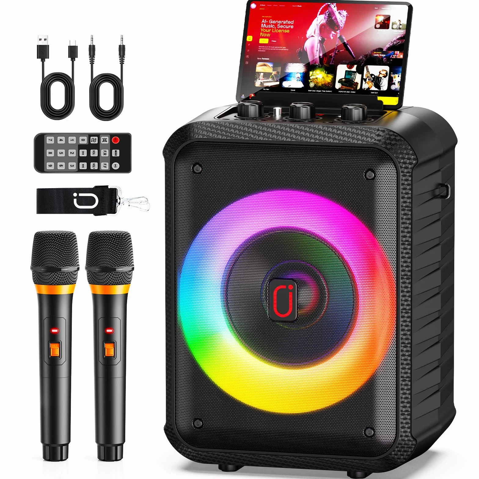 HWWR Karaoke Maschine mit 2 Mikrofonen, Tragbare Bluetooth 5.3 Karaoke Anlage mit RGB-Lichtern, Unterstützt TF-Karte/USB/AUX/TV, PA-System für Home-Partys, Erwachsene und Kinder