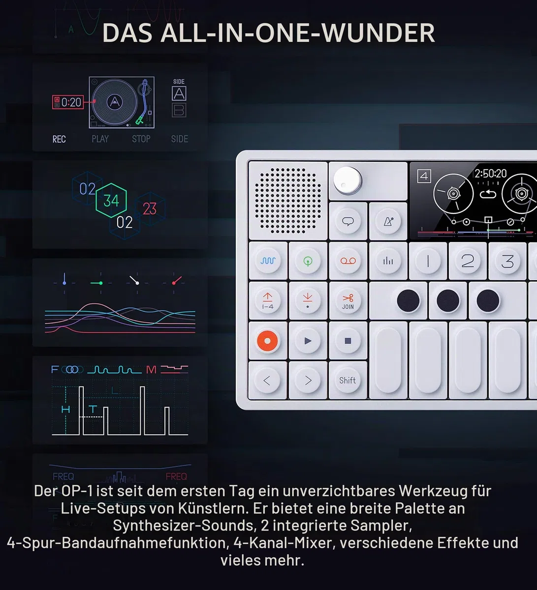 Teenage Engineering OP-1 tragbarer Synthesizer, Sampler und Controller mit eingebautem FM-Radio